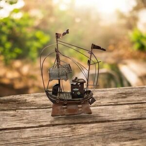 Vintage Mixed Metal Copper Brass musical  Sailing Boat Sculpture 12 Inch